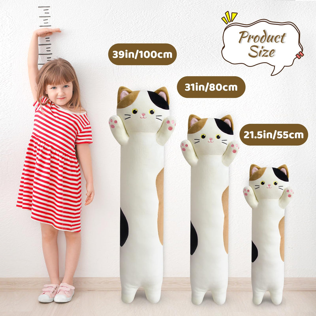 JEROKUMI Calico Cat Plush Pillow - 22 Inch Soft Stuffed Animal Body Pillow, Embroidered Kawaii Plushie for Kids and Adults