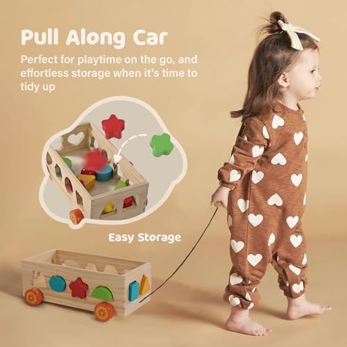 Jessruly Wooden Shape Sorter Pull-Along Car – 17 Montessori Learning Blocks for Toddlers