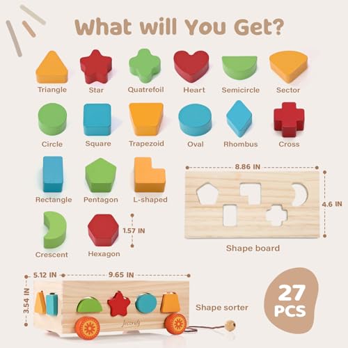Jessruly Wooden Shape Sorter Pull-Along Car – 17 Montessori Learning Blocks for Toddlers