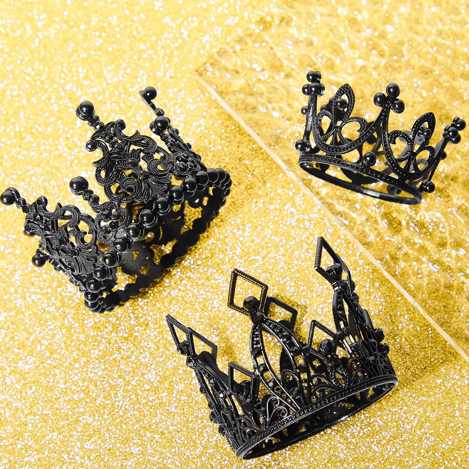 Jetec 4-Piece Black Mini Crown Set – Metal Cake Toppers & Bouquet Accessories for Gothic, King, or Royal Themes