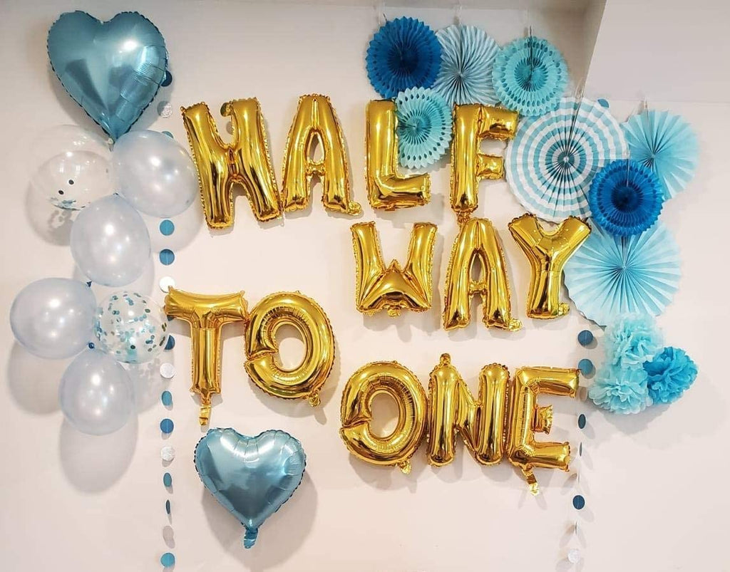 JeVenis 15-Piece Half Way To One Balloon Set - Gold Letter Balloons for Half Birthday Boy Party with Blue Latex Balloons