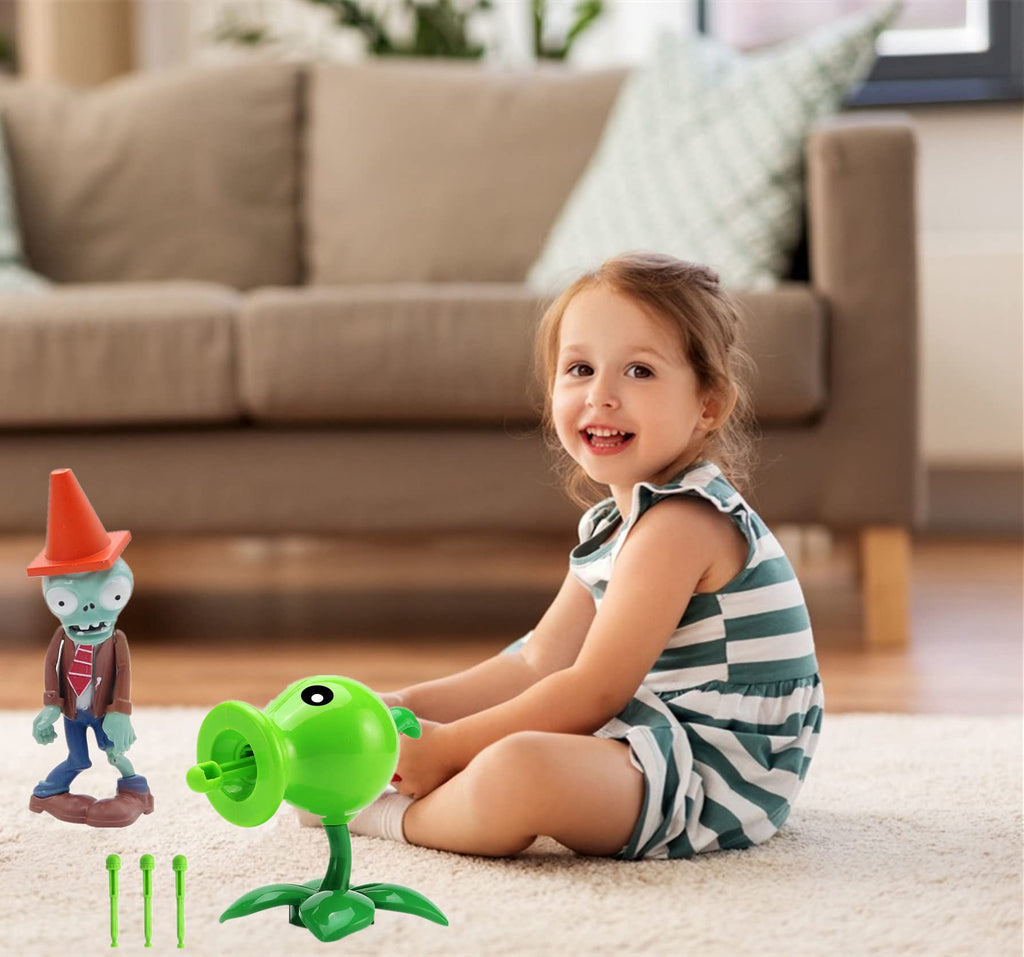 JHESAO 2-Piece PVZ Action Figures Set: Peashooter & Conehead Zombie with 3 Launchers - Great Gift for Kids and Fans