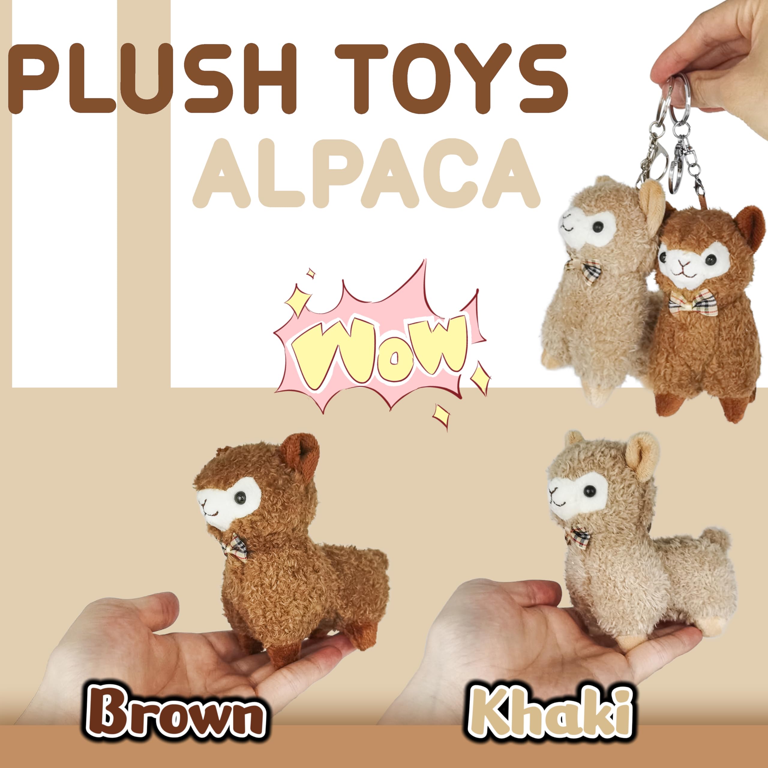 JIAHO 2-Pack Mini Alpaca Plush Toys with Keychain, Soft Kawaii Stuffed Animals for Kids, Party Favors and Classroom Prizes (2 Alpacas)