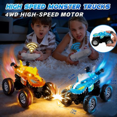 JICUICUI Dinosaur RC Monster Truck: LED Lights, 360° Stunts, Rechargeable, Ages 4-7