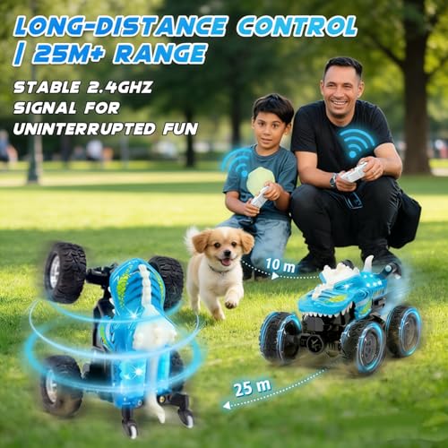 JICUICUI Dinosaur RC Monster Truck: LED Lights, 360° Stunts, Rechargeable, Ages 4-7