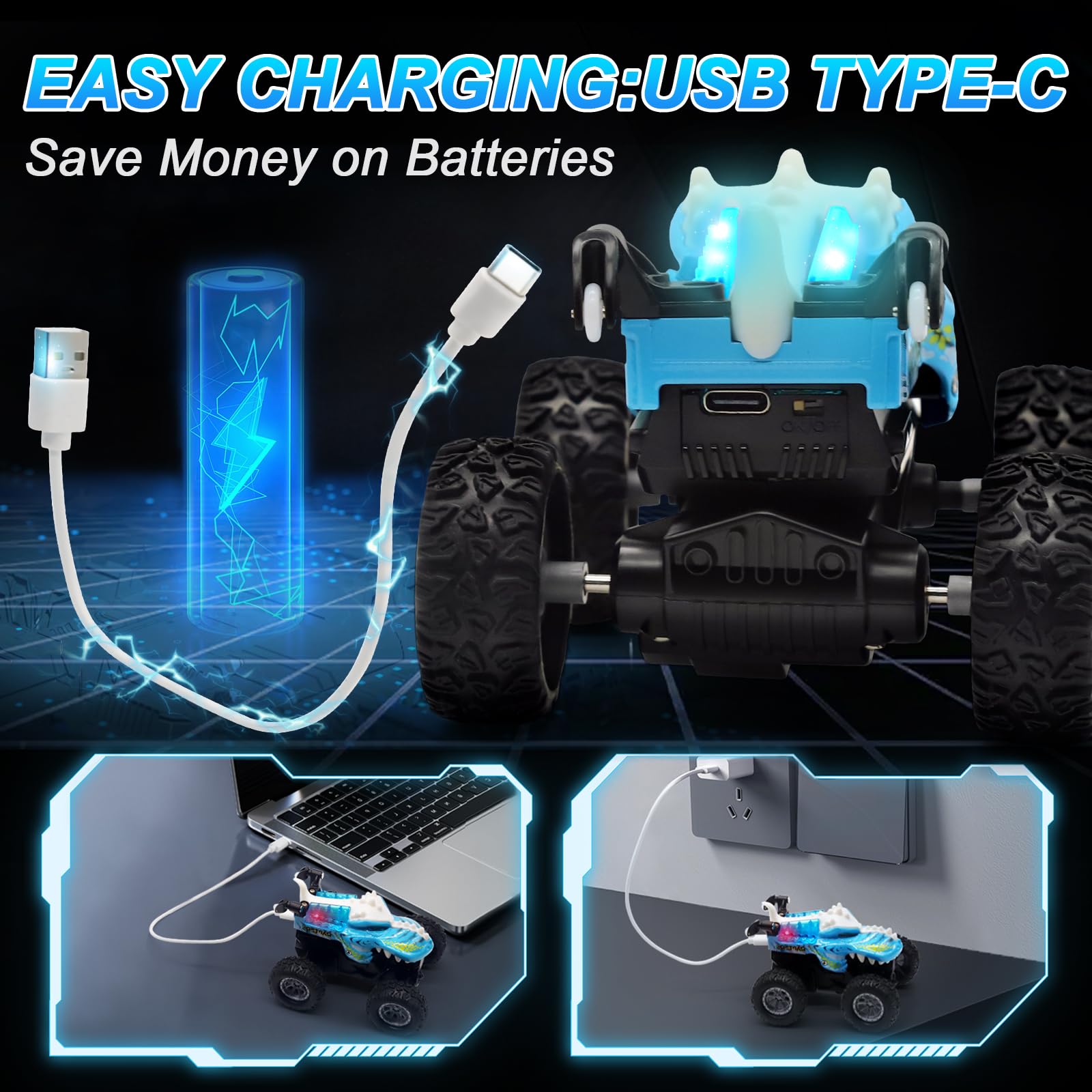 JICUICUI Dinosaur RC Monster Truck: LED Lights, 360° Stunts, Rechargeable, Ages 4-7