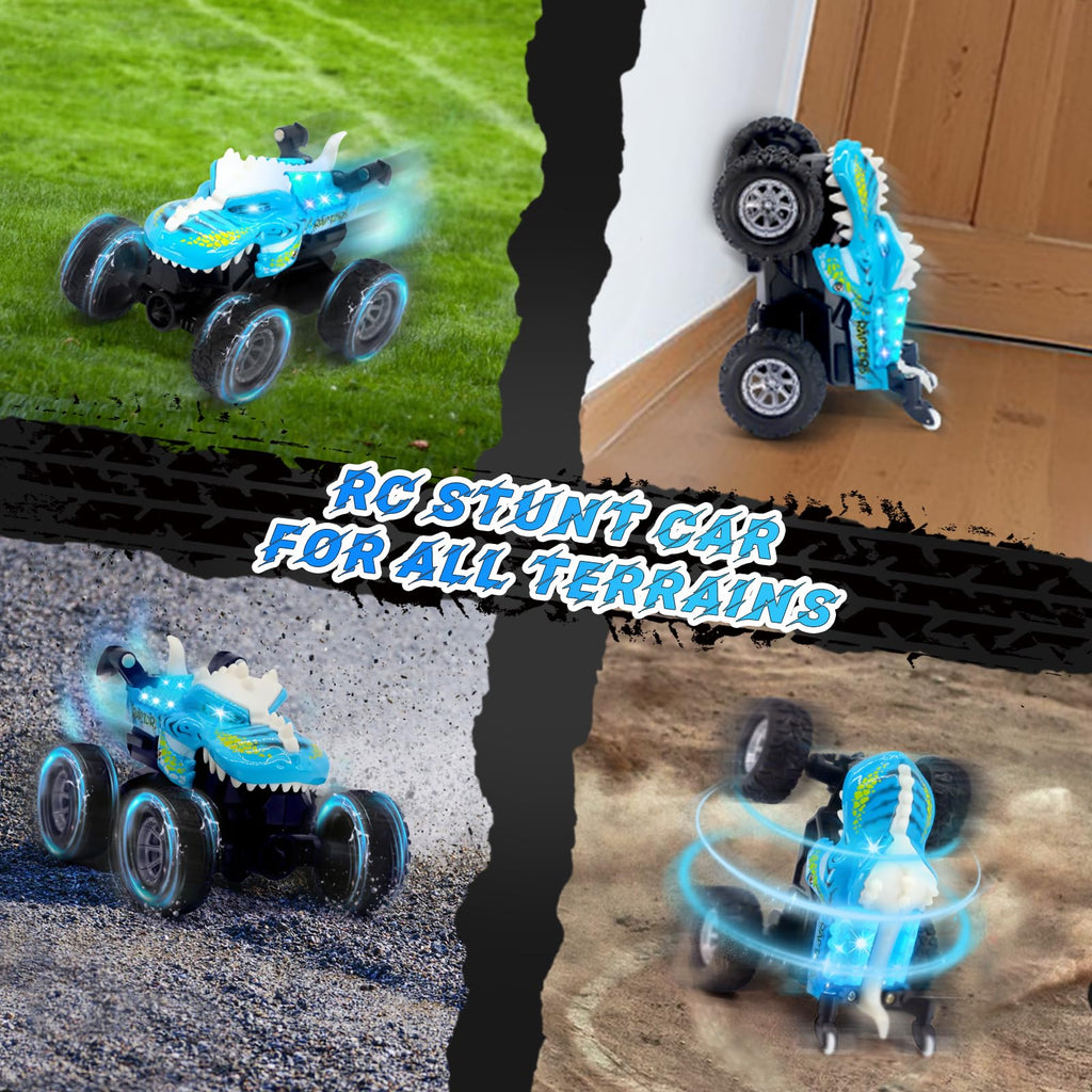JICUICUI Dinosaur RC Monster Truck: LED Lights, 360° Stunts, Rechargeable, Ages 4-7