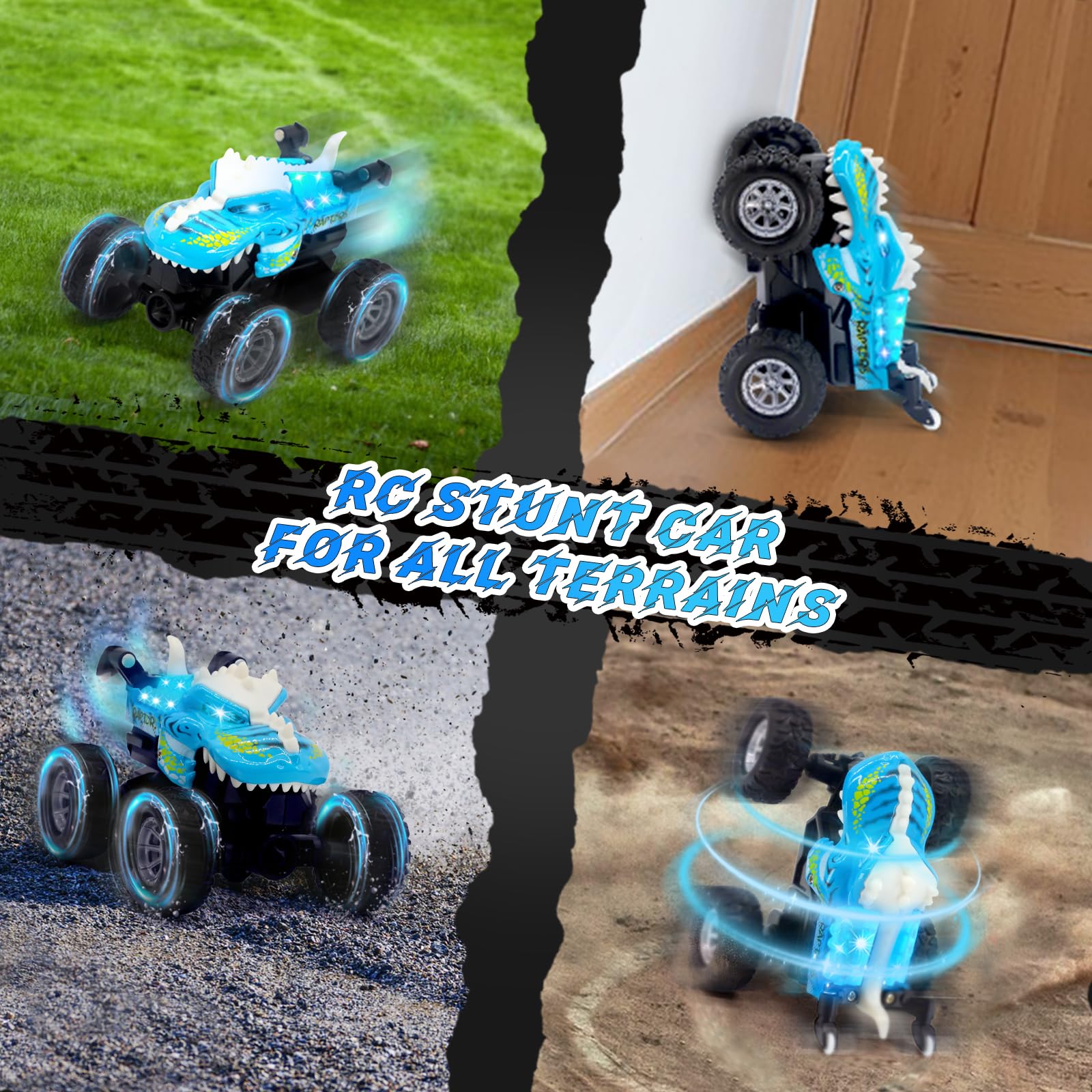 JICUICUI Dinosaur RC Monster Truck: LED Lights, 360° Stunts, Rechargeable, Ages 4-7