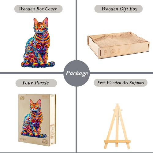 Jigfoxy Cat Wooden Puzzle for Adults – 75pc Unique Animal Shape Jigsaw, S-8.4x5.7in
