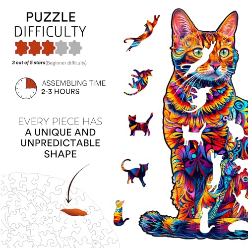 Jigfoxy Cat Wooden Puzzle for Adults – 75pc Unique Animal Shape Jigsaw, S-8.4x5.7in