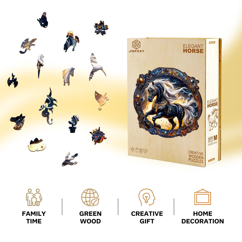 Jigfoxy Horse Wooden Puzzle for Adults – 100-Piece Animal-Shaped Jigsaw, Eco-Friendly Laser-Cut Wood, Unique Silhouettes, Gift Box (8.5x8.5 inches)