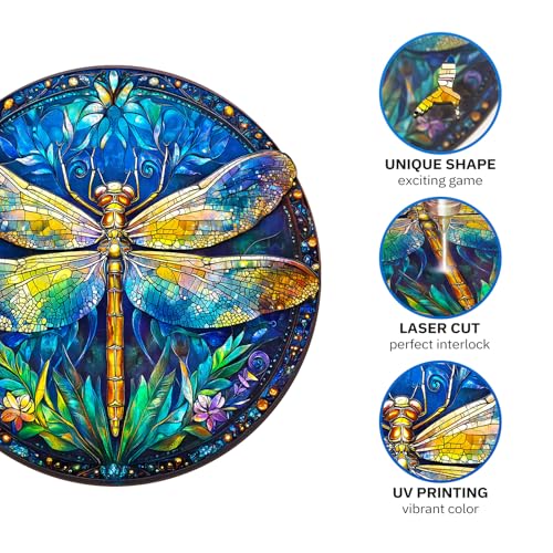 Jigfoxy Retro Dragonfly Wooden Puzzle - 100 Piece Adult Jigsaw, 8.5x8.5 inch