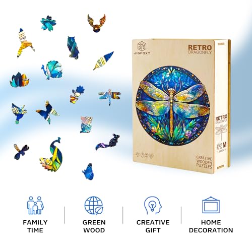 Jigfoxy Retro Dragonfly Wooden Puzzle - 100 Piece Adult Jigsaw, 8.5x8.5 inch