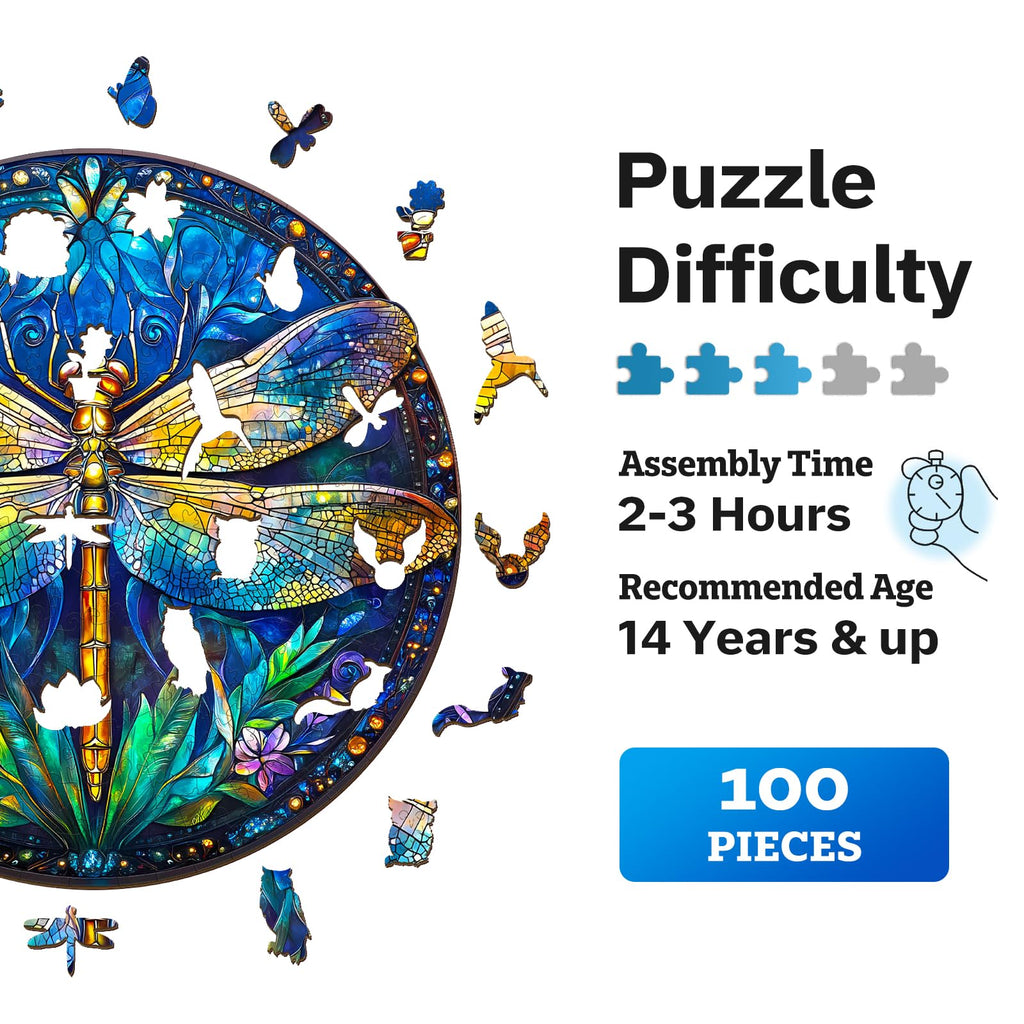 Jigfoxy Retro Dragonfly Wooden Puzzle - 100 Piece Adult Jigsaw, 8.5x8.5 inch
