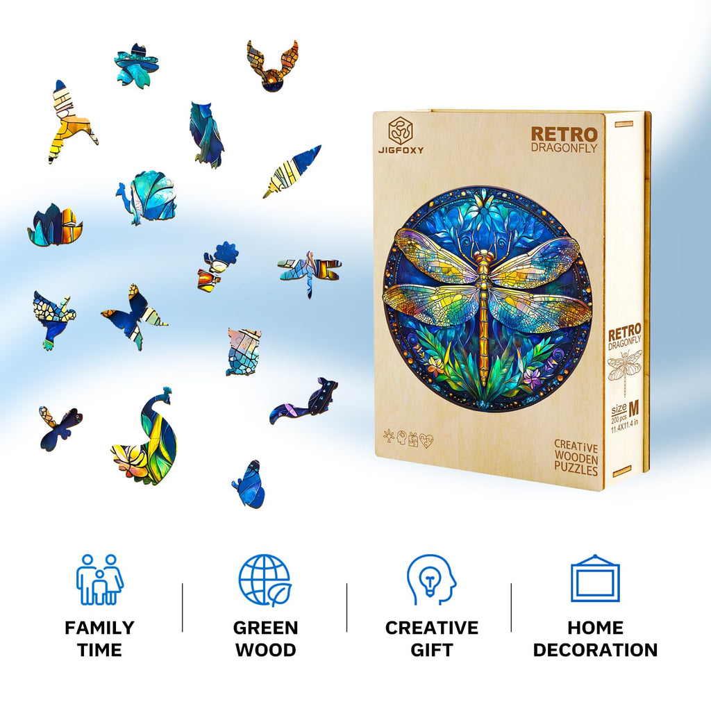Jigfoxy Retro Dragonfly Wooden Puzzle - 100 Piece Adult Jigsaw, 8.5x8.5 inch