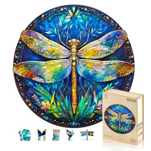Jigfoxy Retro Dragonfly Wooden Puzzle - 100 Piece Adult Jigsaw, 8.5x8.5 inch