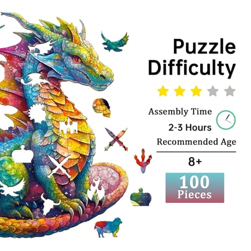 Jigfoxy Wooden Dragon Puzzle for Adults – 100-Piece Animal-Shaped Jigsaw