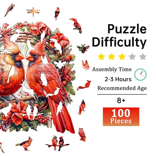 Jigfoxy Wooden Puzzle for Adults – 100-Piece Cardinal Bird Shaped Jigsaw, 8.4x8.3 in, Eco-Friendly Wood