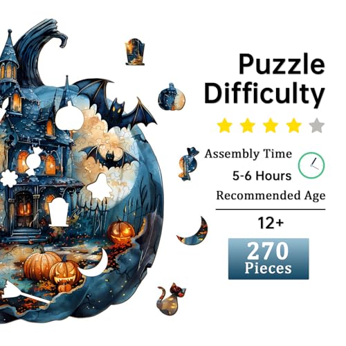 Jigfoxy Wooden Puzzle for Adults – 270-Piece Halloween Pumpkin Animal-Shaped Jigsaw, Laser-Cut Wood, 13.4 x 12.4 Inches