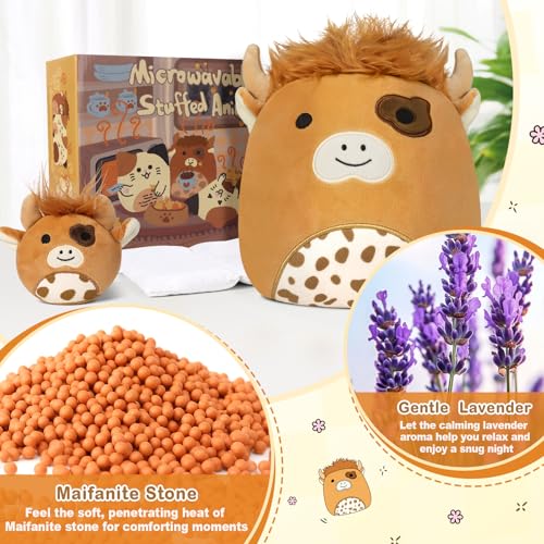 JILPAK Microwavable Highland Cow Heating Pad – Lavender Scented, Weighted Plush for Cramps & Stress Relief, Includes Mini Cow
