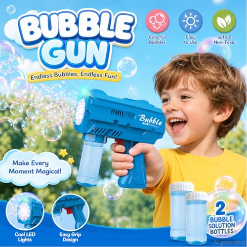 JinXinYao Blue 10-Hole Light-Up Bubble Gun for Kids - Automatic LED Bubble Machine with Refill Solution for Indoor Outdoor Parties