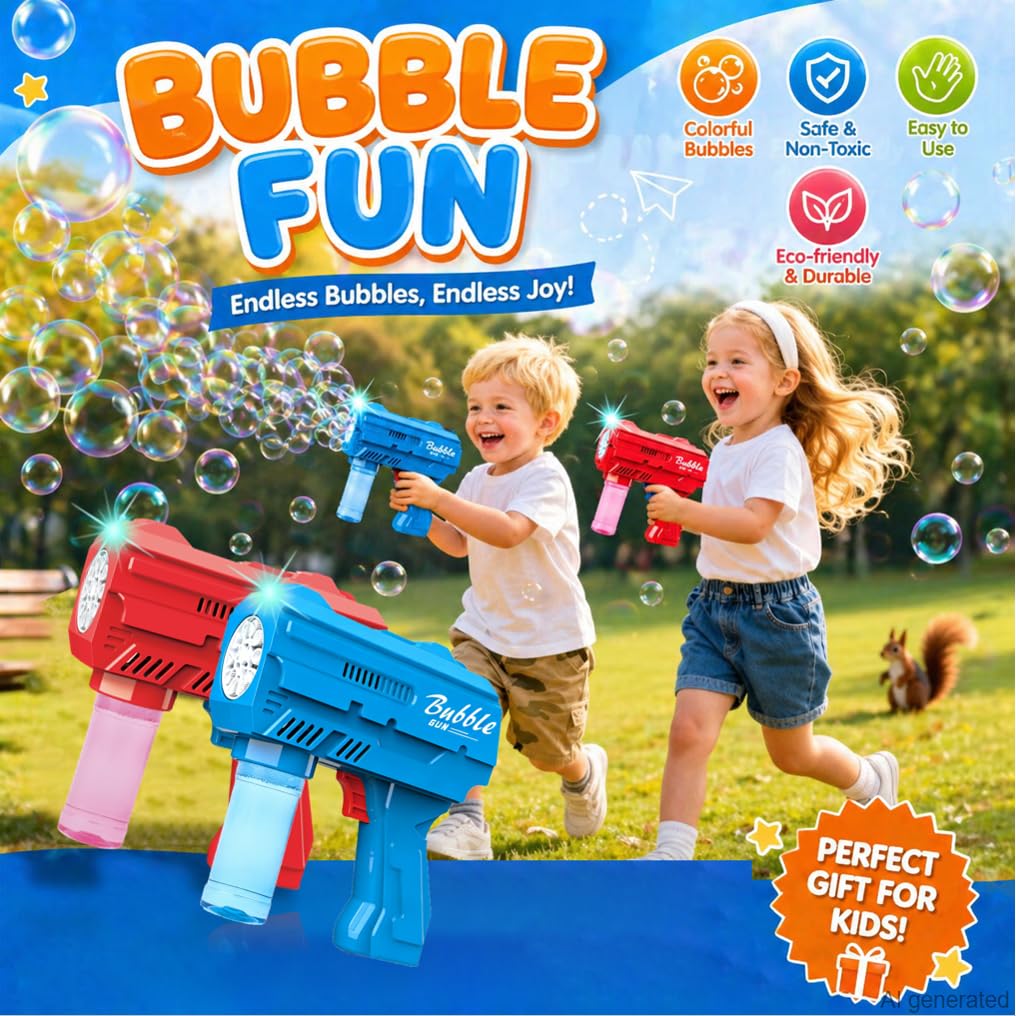 JinXinYao Blue 10-Hole Light-Up Bubble Gun for Kids - Automatic LED Bubble Machine with Refill Solution for Indoor Outdoor Parties
