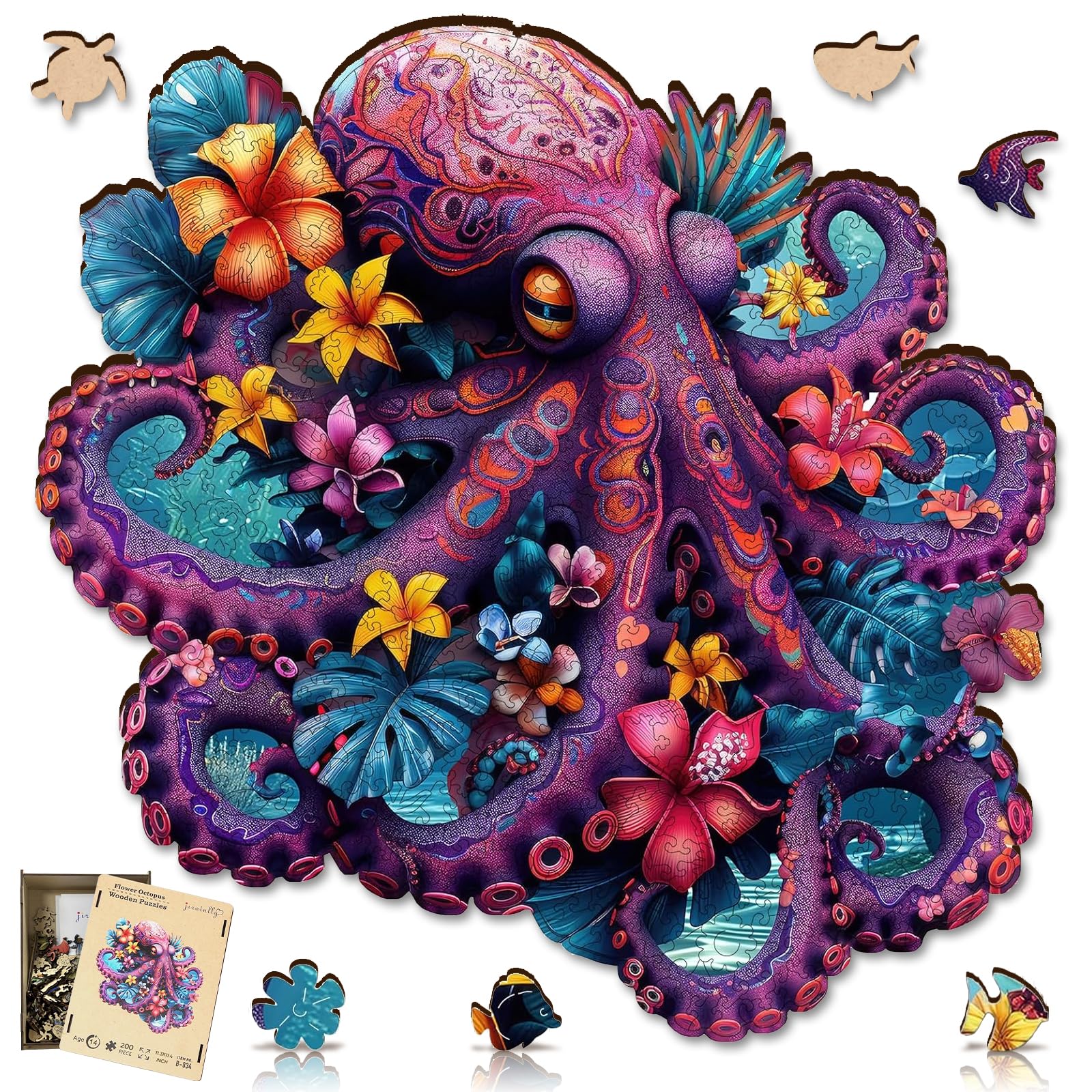 Jiroinlly 200-Piece Wooden Puzzle - Unique Shaped Flower Octopus Jigsaw for Adults & Kids, Stress Relief Home Decor