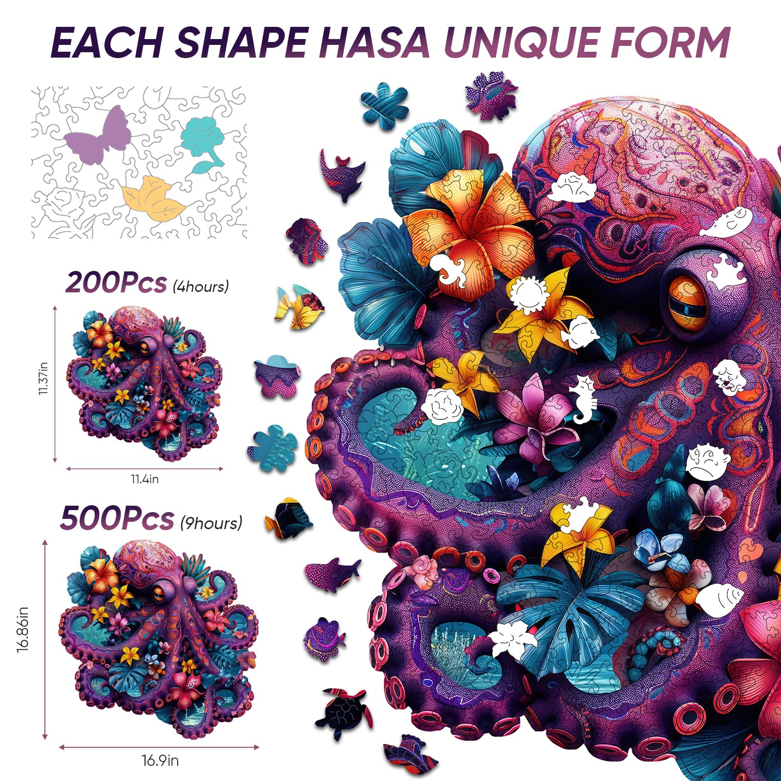 Jiroinlly 200-Piece Wooden Puzzle - Unique Shaped Flower Octopus Jigsaw for Adults & Kids, Stress Relief Home Decor