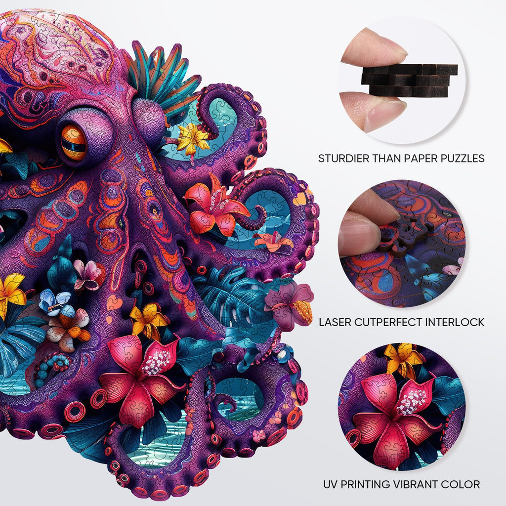 Jiroinlly 200-Piece Wooden Puzzle - Unique Shaped Flower Octopus Jigsaw for Adults & Kids, Stress Relief Home Decor