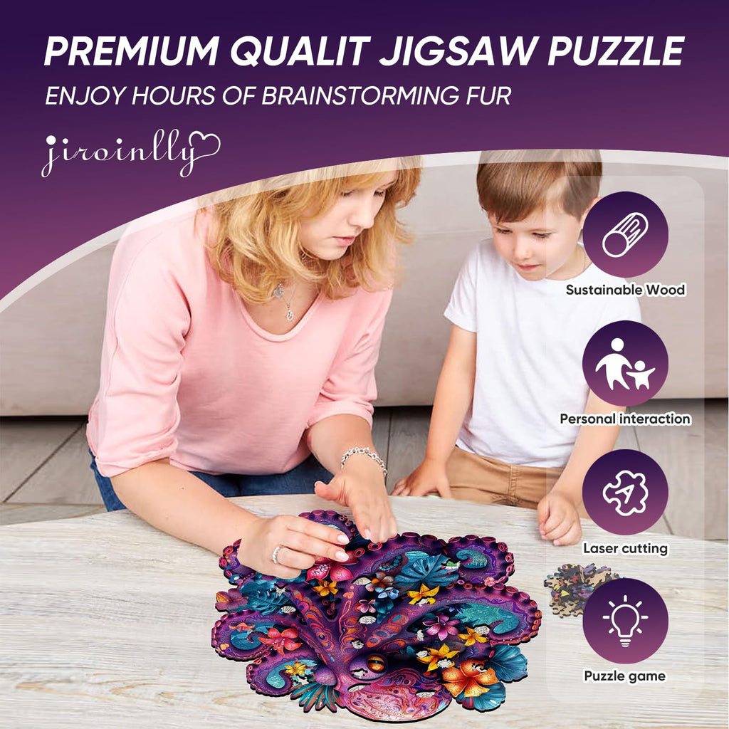 Jiroinlly 200-Piece Wooden Puzzle - Unique Shaped Flower Octopus Jigsaw for Adults & Kids, Stress Relief Home Decor
