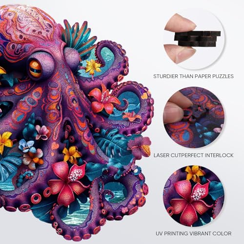 Jiroinlly 200-Piece Wooden Puzzle - Unique Shaped Flower Octopus Jigsaw for Adults & Kids, Stress Relief Home Decor