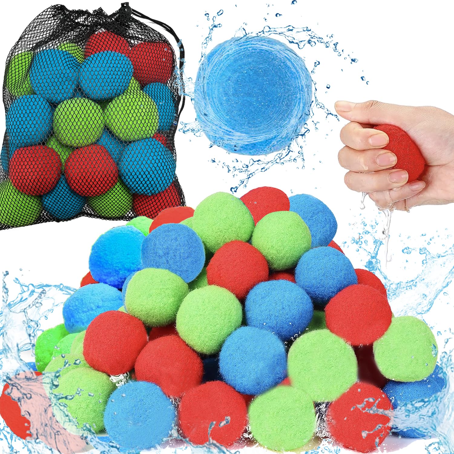 Jishi 24-Pack Reusable Water Balls - 6cm Soft Sponge Balls for Outdoor Water Fights, Pool, Beach - Red, Green, Blue with Mesh Storage Bag