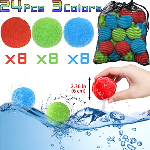 Jishi 24-Pack Reusable Water Balls - 6cm Soft Sponge Balls for Outdoor Water Fights, Pool, Beach - Red, Green, Blue with Mesh Storage Bag