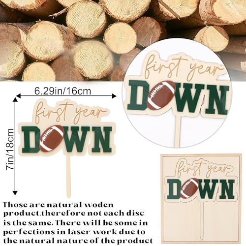 Jissoo First Year Down Wooden Cake Topper - Football 1st Birthday Party Decoration Prop