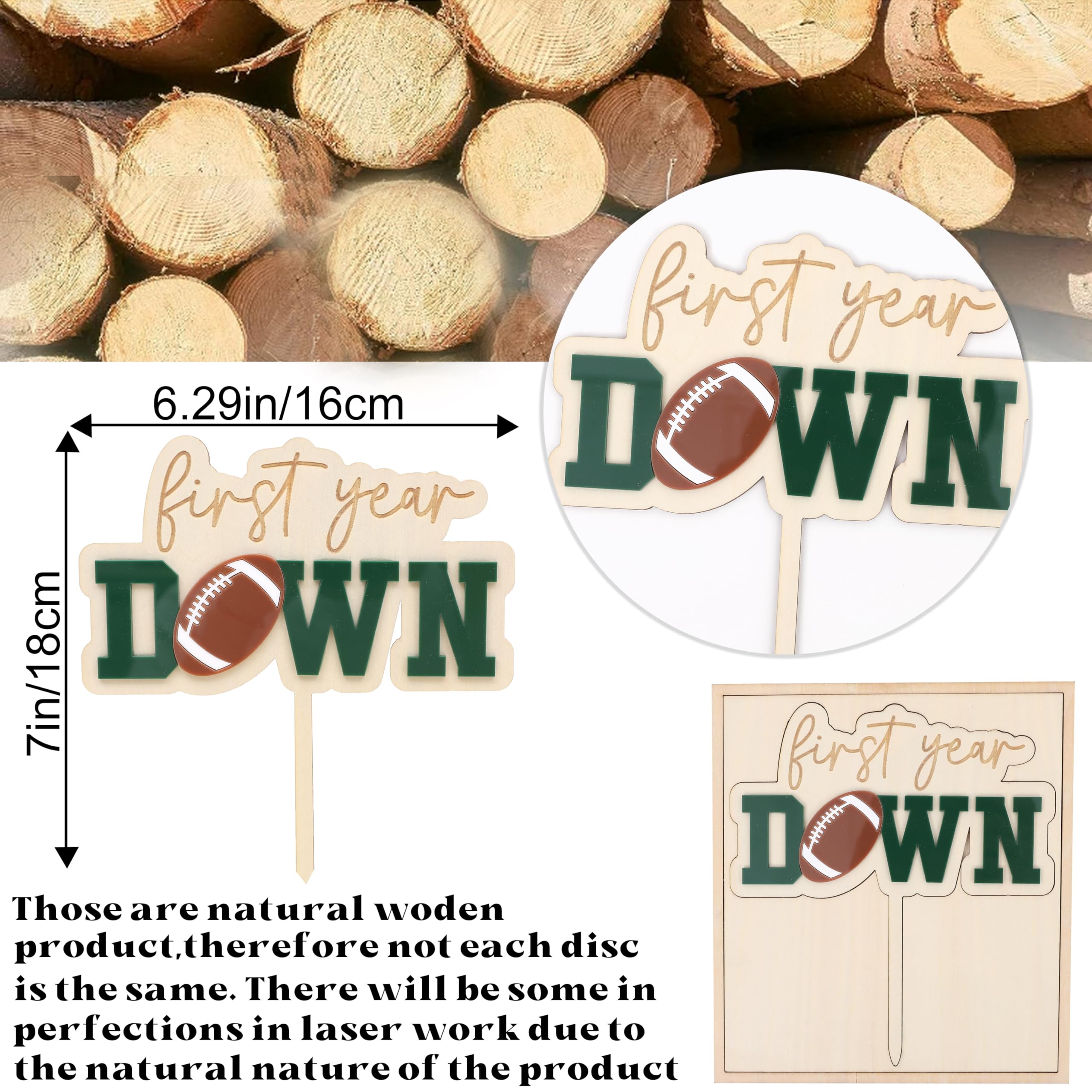 Jissoo First Year Down Wooden Cake Topper - Football 1st Birthday Party Decoration Prop