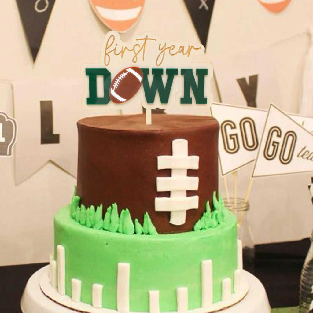 Jissoo First Year Down Wooden Cake Topper - Football 1st Birthday Party Decoration Prop