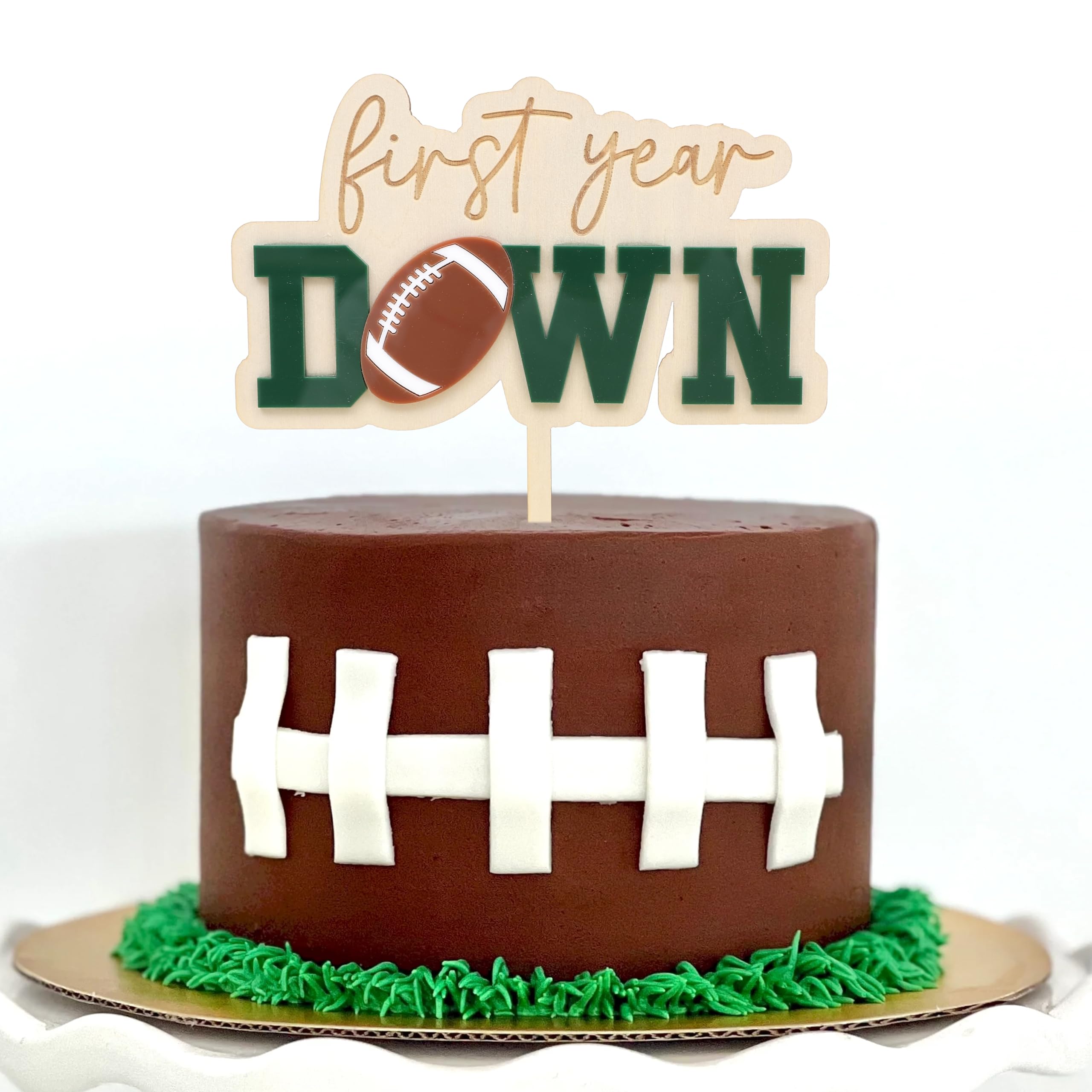 Jissoo First Year Down Wooden Cake Topper - Football 1st Birthday Party Decoration Prop