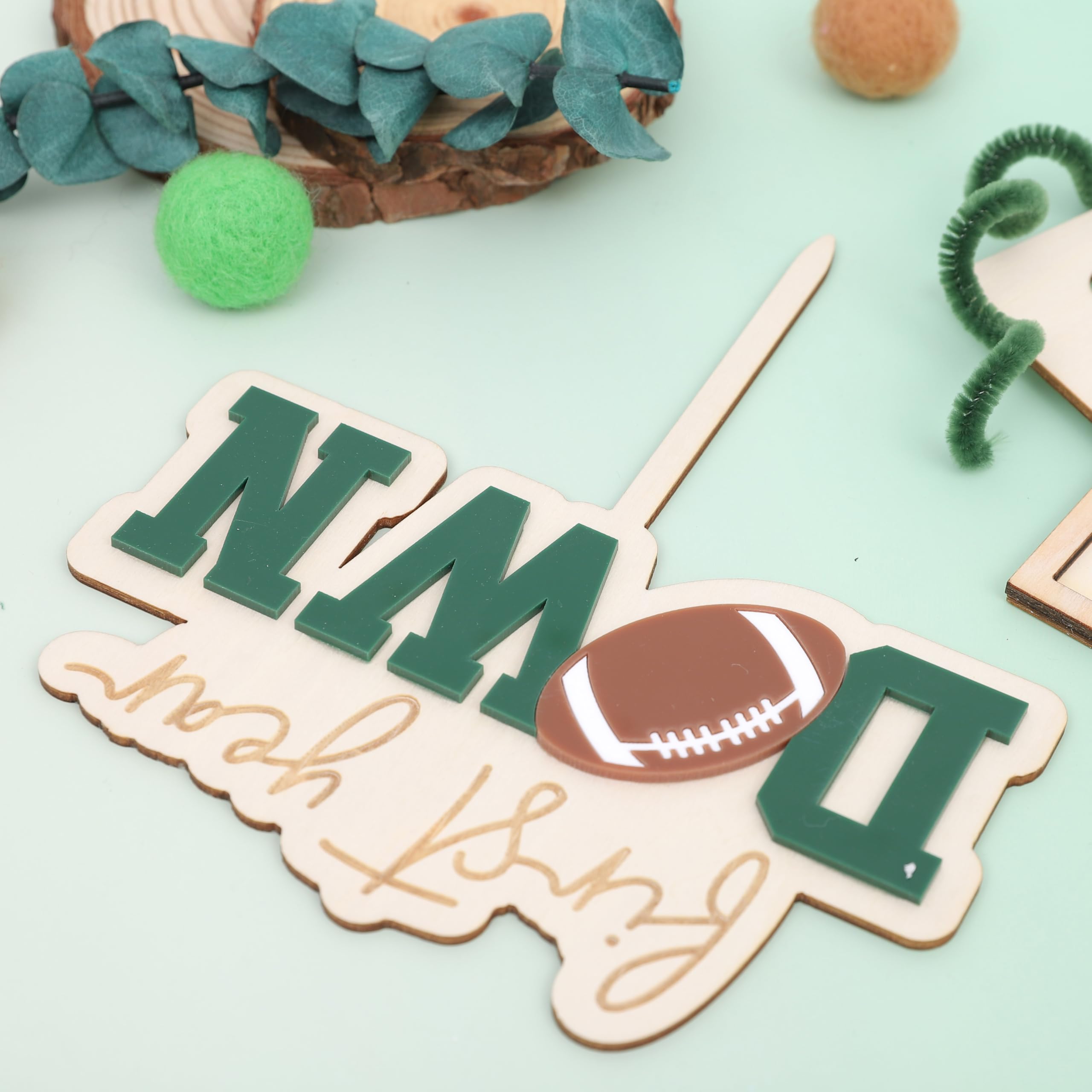 Jissoo First Year Down Wooden Cake Topper - Football 1st Birthday Party Decoration Prop