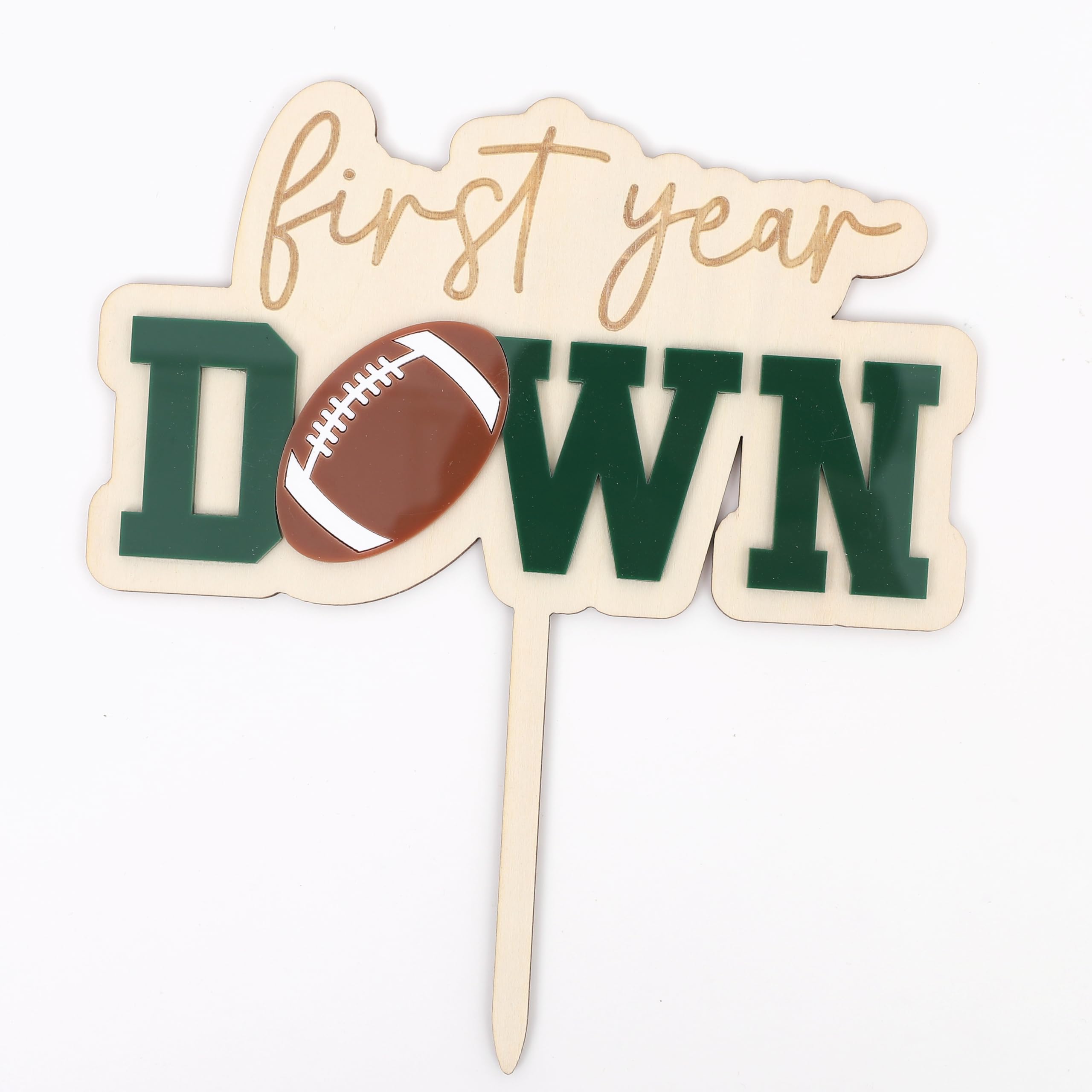 Jissoo First Year Down Wooden Cake Topper - Football 1st Birthday Party Decoration Prop