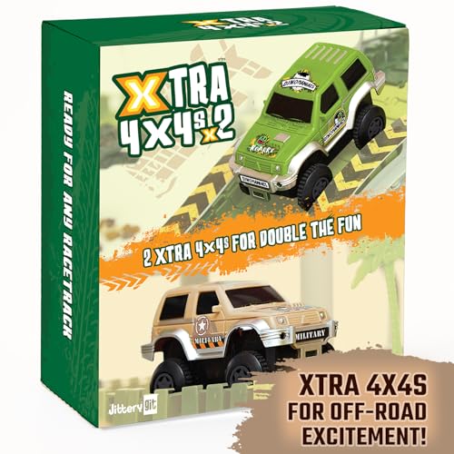 JITTERYGIT Replacement Cars for Tracks – 2-Pack Battery-Powered Dinosaur Jeeps with Decals, Compatible with Most Tracks