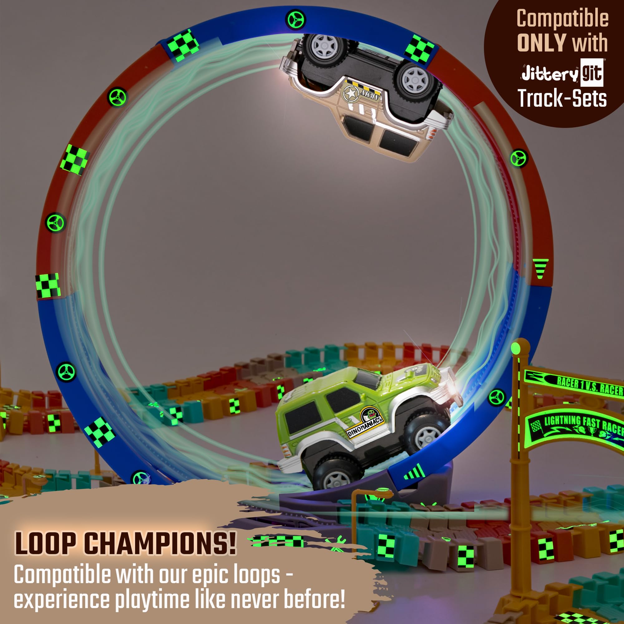 JITTERYGIT Replacement Cars for Tracks – 2-Pack Battery-Powered Dinosaur Jeeps with Decals, Compatible with Most Tracks