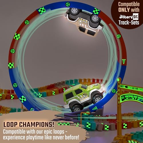 JITTERYGIT Replacement Cars for Tracks – 2-Pack Battery-Powered Dinosaur Jeeps with Decals, Compatible with Most Tracks