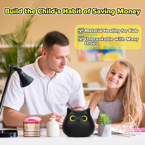 JIZWPOOM Black Cat Piggy Bank for Kids – Unbreakable Money Box with Easy Access, 5.5 x 5 Inches