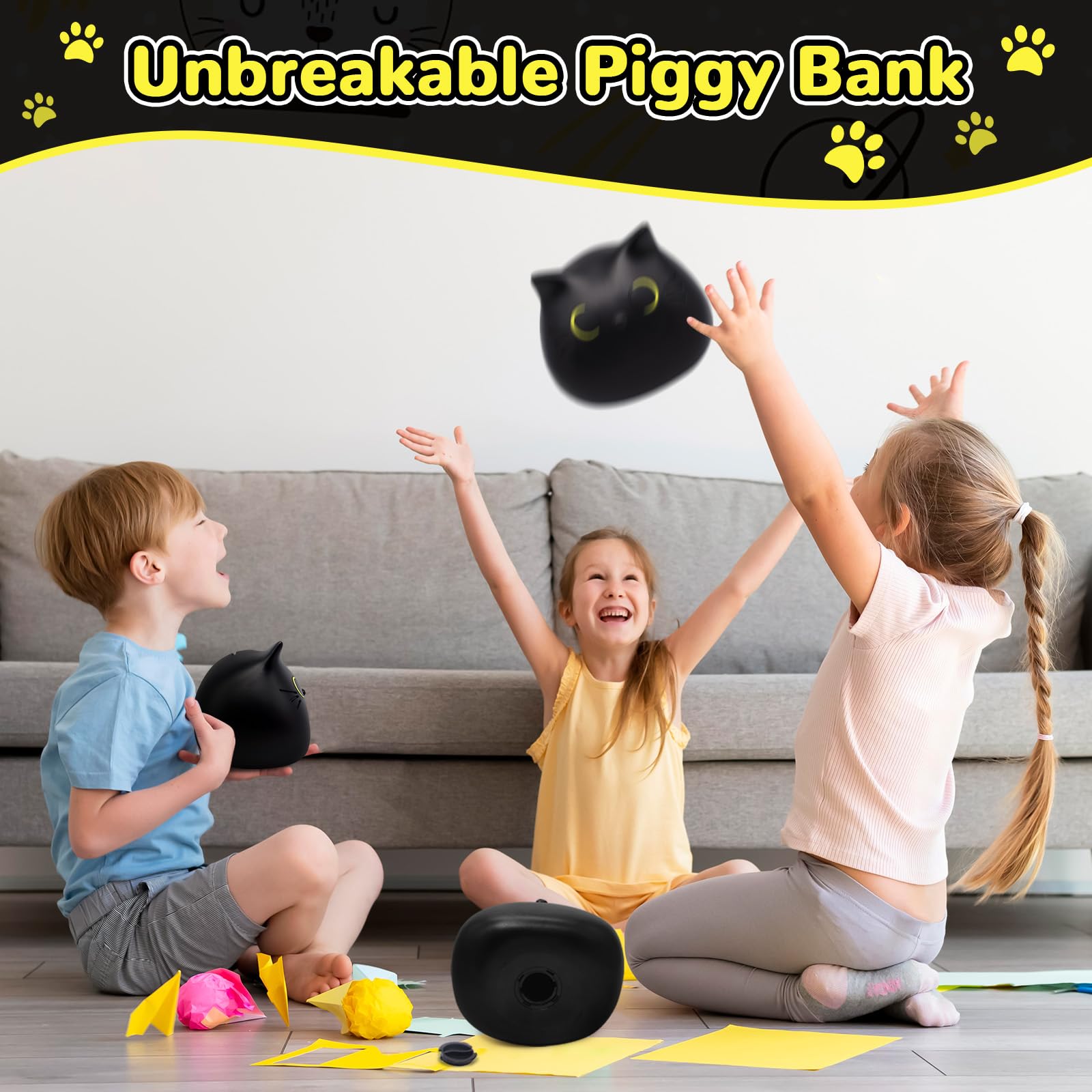 JIZWPOOM Black Cat Piggy Bank for Kids – Unbreakable Money Box with Easy Access, 5.5 x 5 Inches