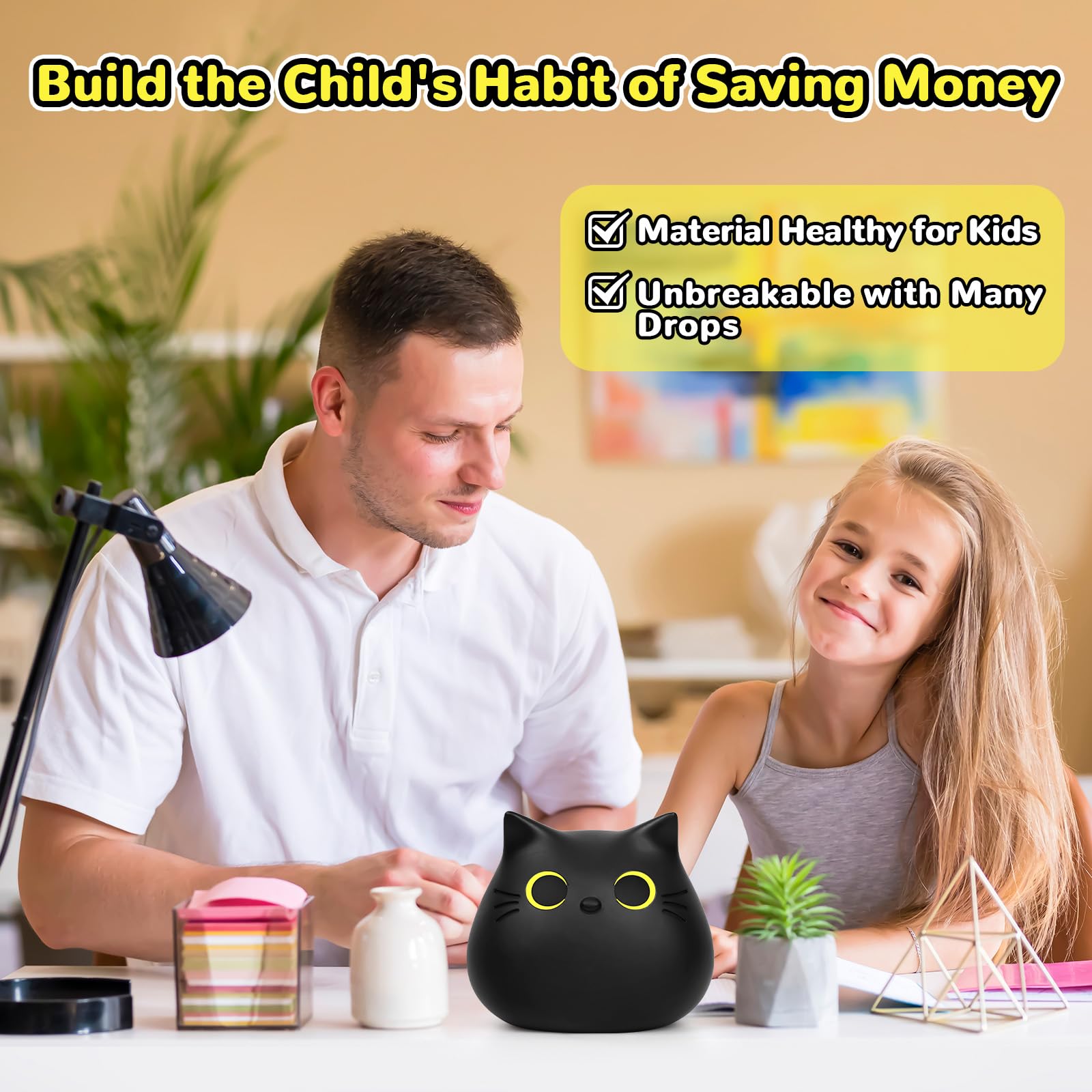 JIZWPOOM Black Cat Piggy Bank for Kids – Unbreakable Money Box with Easy Access, 5.5 x 5 Inches
