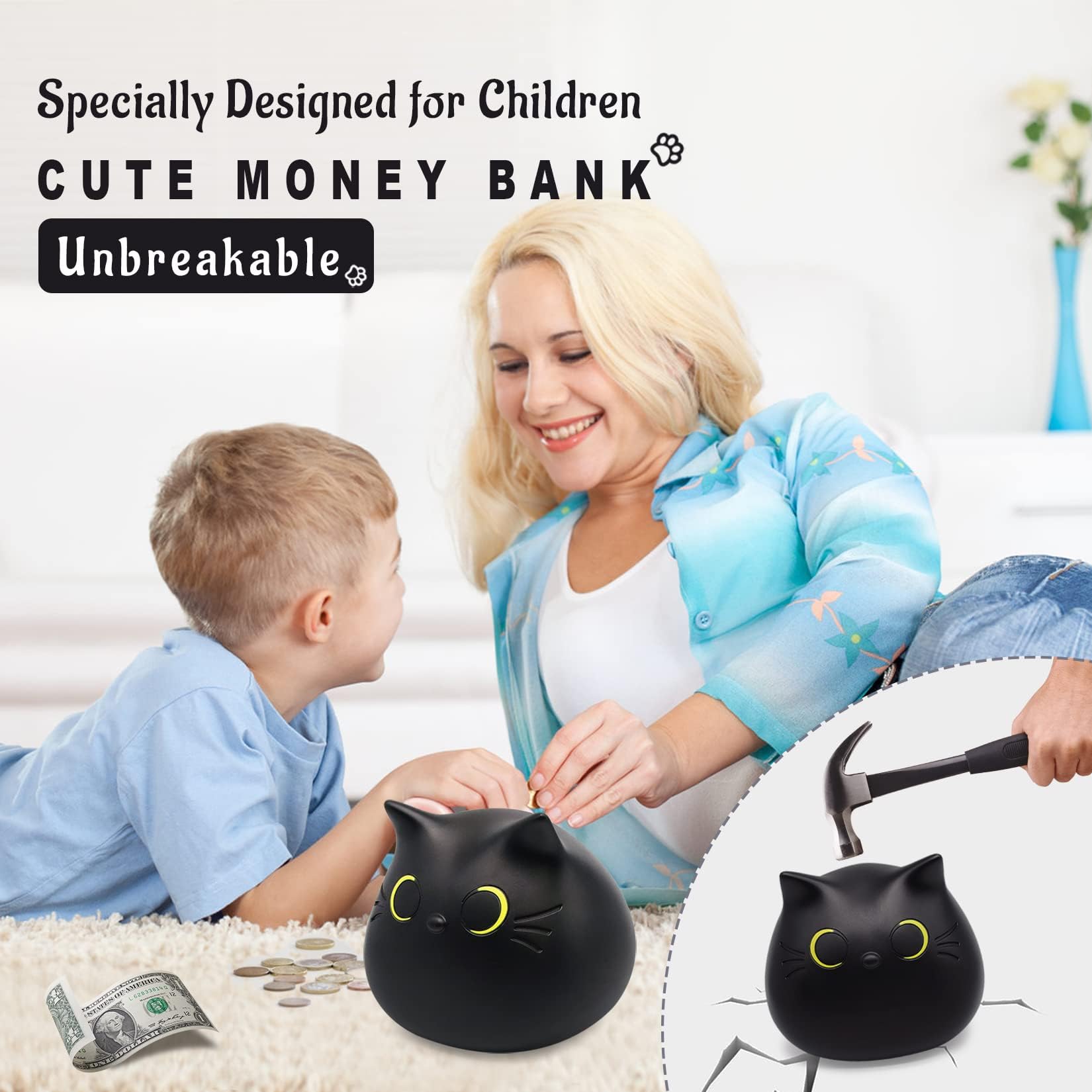 JIZWPOOM Black Cat Piggy Bank for Kids – Unbreakable Money Box with Easy Access, 5.5 x 5 Inches