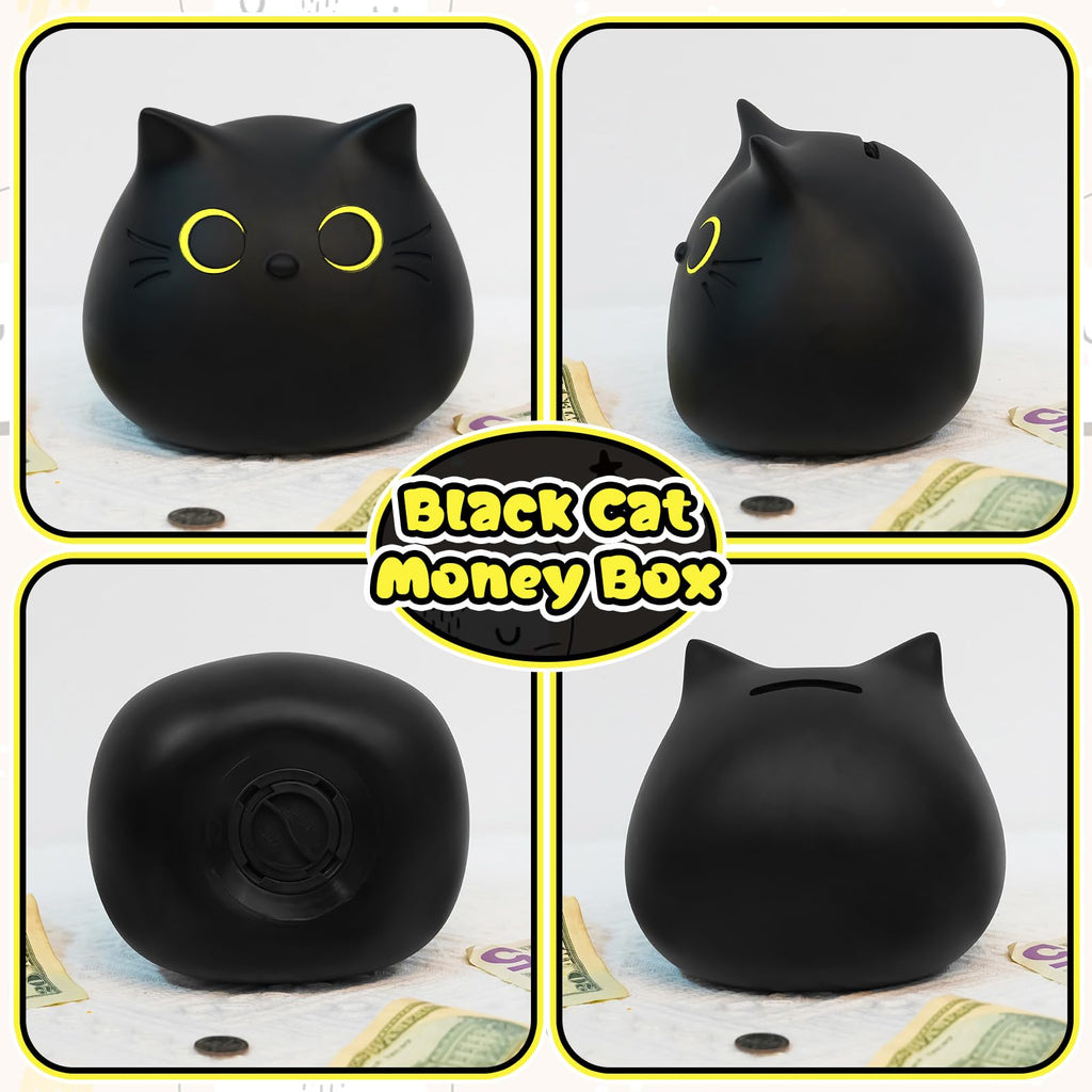 JIZWPOOM Black Cat Piggy Bank for Kids – Unbreakable Money Box with Easy Access, 5.5 x 5 Inches