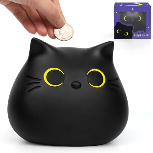JIZWPOOM Black Cat Piggy Bank for Kids – Unbreakable Money Box with Easy Access, 5.5 x 5 Inches