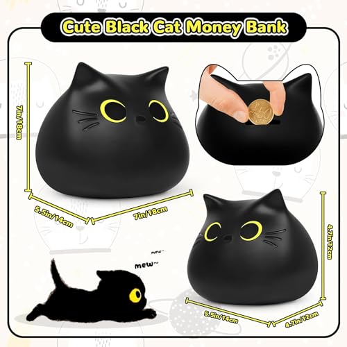 JIZWPOOM Black Cat Piggy Bank for Kids – Unbreakable Money Box with Easy Access, 5.5 x 5 Inches