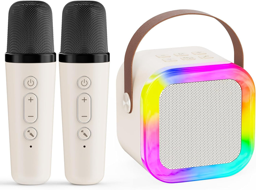 JJYEITUO Mini Karaoke Machine for Kids with 2 Wireless Mics, LED Lights, Voice Change, Beige